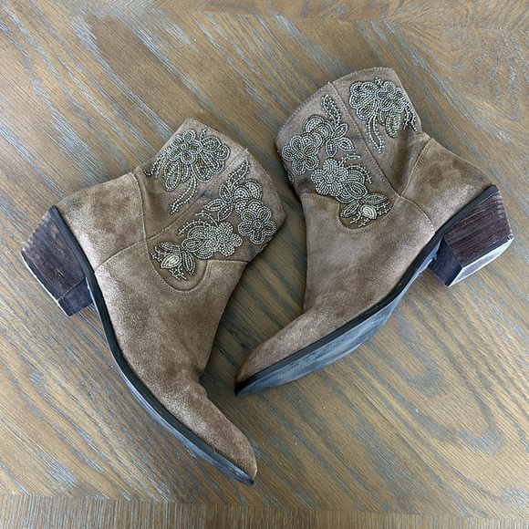 Anthropologie Floral Suede Brown Western Boots Embellished Beaded Size 40 - Picture 3 of 14
